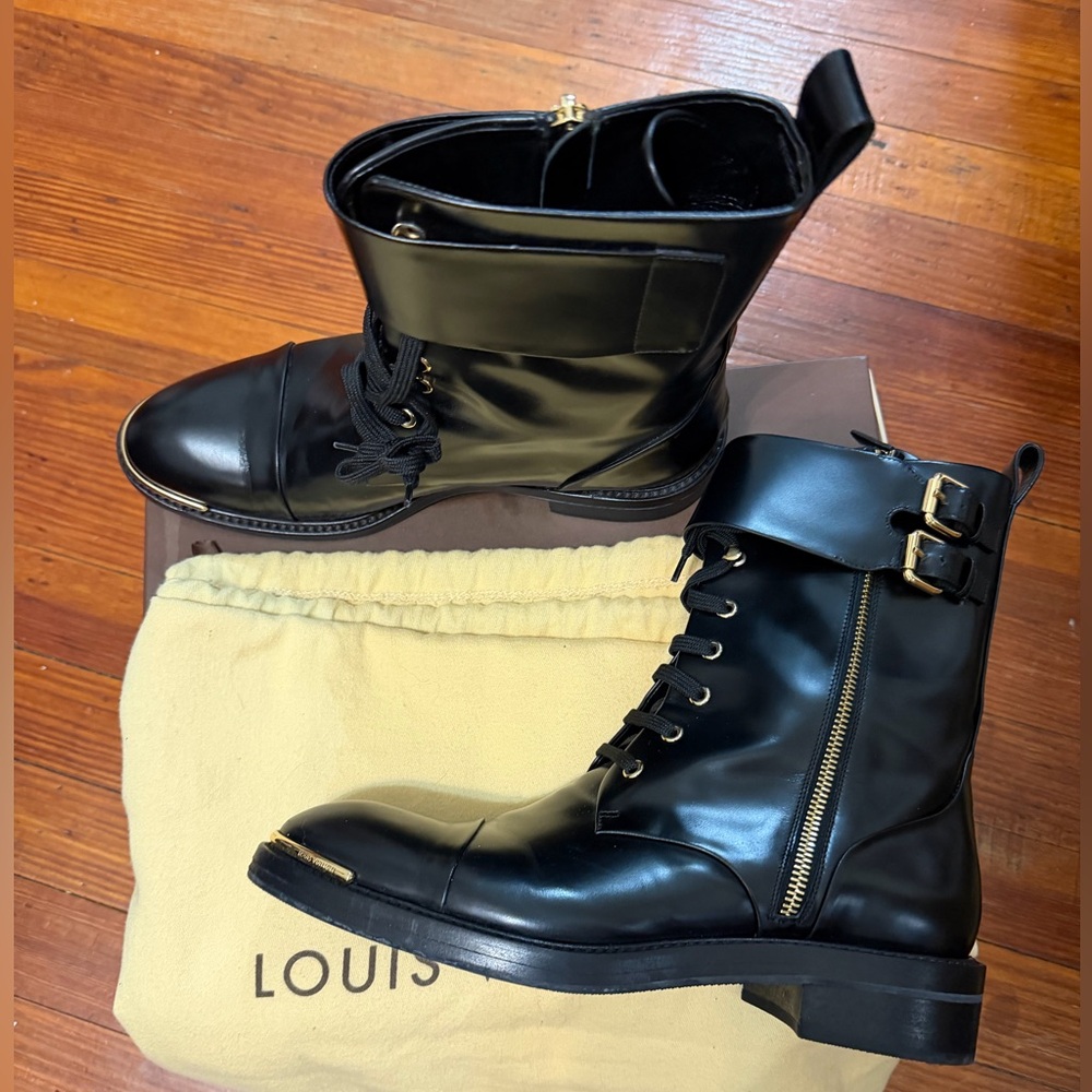 Louis Vuitton Black Combat Boots with Gold Accents